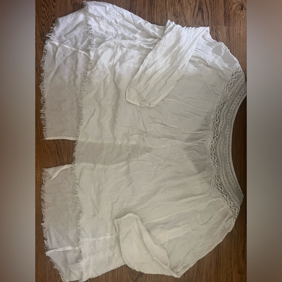 FP one lace trim eyelet frayed distressed gauze sheer button blouse xs/s boho - Picture 5 of 11